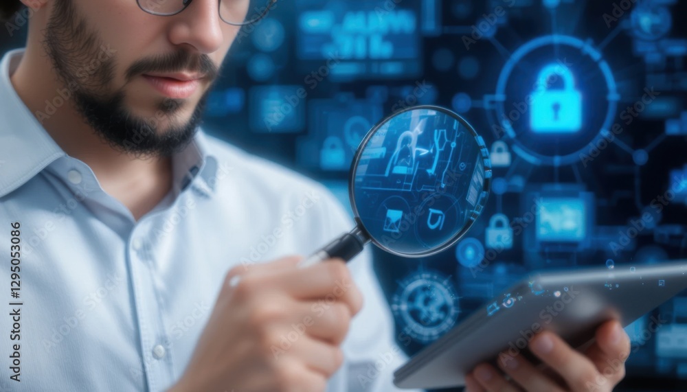 Aufkleber cybersecurity expert analyzing data with magnifying glass and tablet
