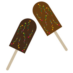 Chocolate ice cream. Frozen dessert stick. Sweet summer treat. Tasty cold snack.