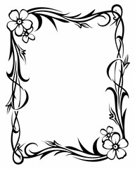 Floral Decorative Frame, Black and White Hand-Drawn Design