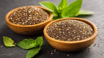 Chia Seeds in Wooden Bowls with Fresh Herbs