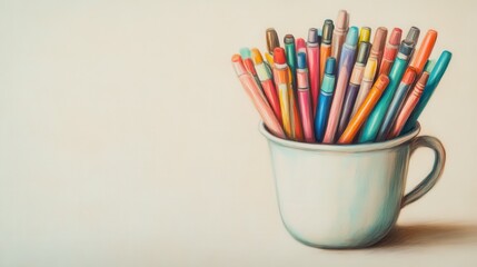 Fototapeta premium Colorful Writing Implements in a Cup on a Plain Background