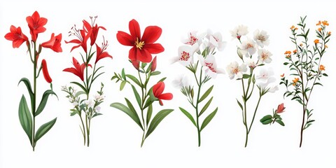 Colorful Floral Arrangement Featuring Various Red and White Flowers with Green Leaves on a Light Background