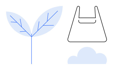 Two green leaves and a single-use plastic bag accompanied by a cloud. Ideal for sustainability, environmentalism, pollution, ecology, green living, climate change, waste management. Abstract line