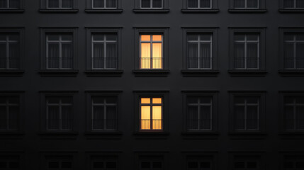 Naklejka premium monochrome cityscape featuring building facade with single lit window, creating warm contrast against dark exterior