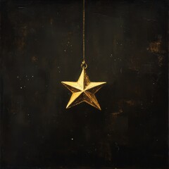 Fototapeta premium A shiny gold star dangles gracefully from a delicate string against a deep, rich black background.