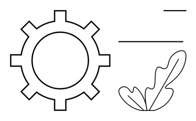 Black outline representations of a gear, leaf, and lines convey themes of nature, technology, and growth. Ideal for concepts in sustainability, innovation, balance, unity harmony simplicity