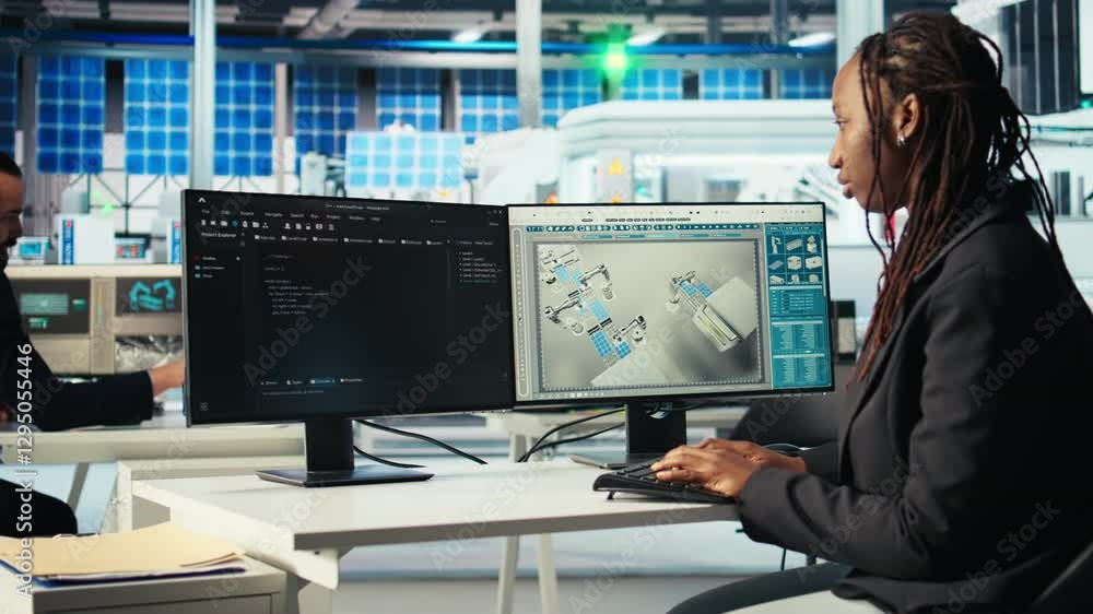 Poster photovoltaics factory programmer coding app monitoring system performance. solar panels manufacturin