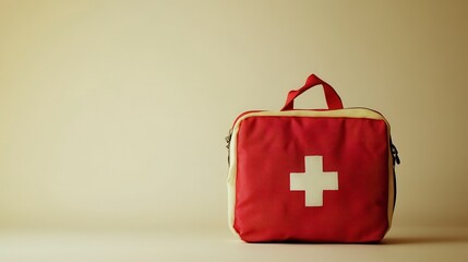 Red First Aid Kit With White Cross Symbol on Neutral Background