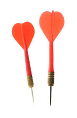 Red dart arrows in air isolated on white. Sports equipment