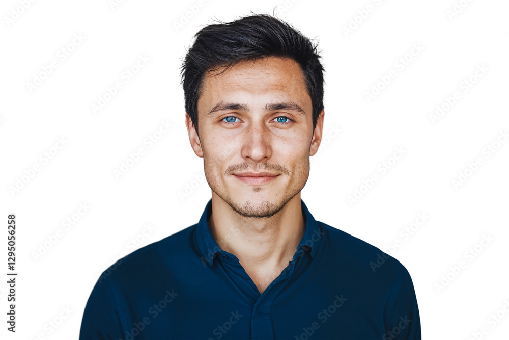 Poster close-up portrait of a handsome man, smiling on face, isolated on transparent background