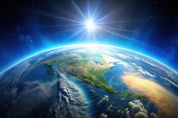 Obraz premium A Radiant Sunrise Illuminates a Vibrant Planet Earth, Showcasing the Beauty of Continents and Oceans