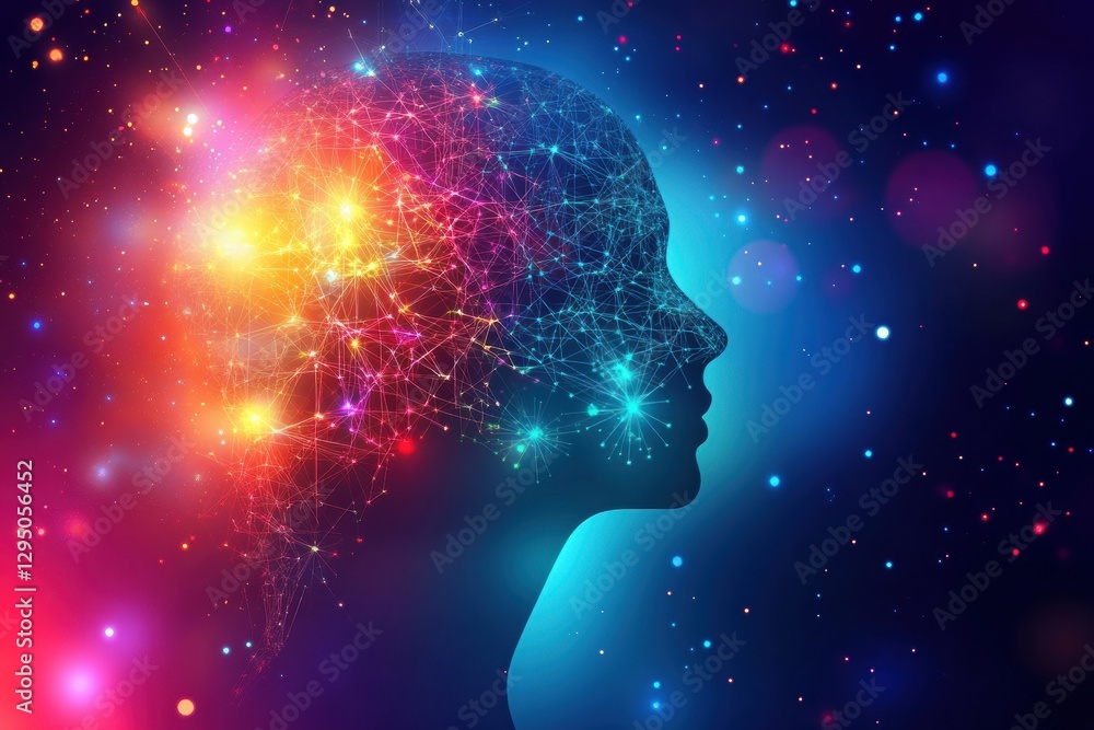 Poster Human head silhouette with glowing AI nodes and fractal patterns set in a cosmic cyberpunk background. Generative AI