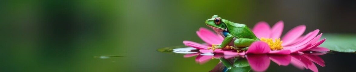Emerald frog on bright pink gerbera above still water , fauna, calm