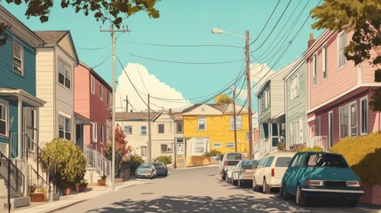Fototapeta premium Vibrant street scene showcasing colorful houses and parked cars under a clear blue sky