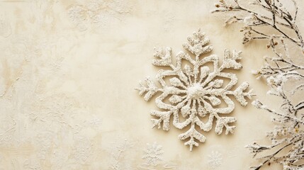 Snowflake Design on Rustic Background with Frosted Branches Accents