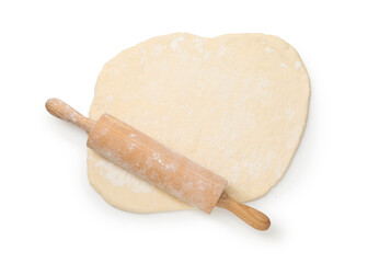 Fresh dough and rolling pin isolated on white, top view