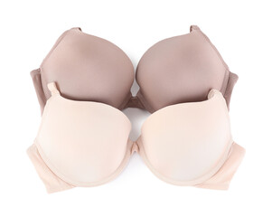 Two different beautiful bras isolated on white, top view