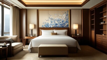 Luxurious hotel bedroom with city view