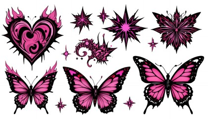 Fototapeta premium Pink Butterflies Heart and Star Design Collection for Stickers and Crafts