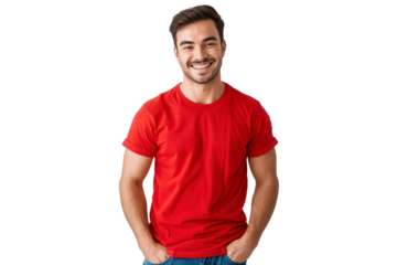 Portrait of a handsome young man in casual t-shirt, happy smiling, isolated on transparent background