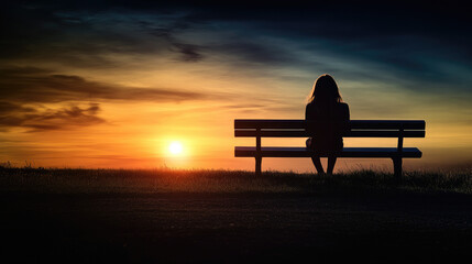 Obraz premium Solitary teenager sitting on park bench gazing at distant sunset, surrounded by empty space, symbolizing isolation and introspection. Youthful reflection and emotional solitude concept.