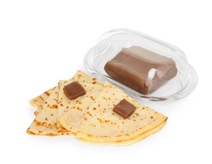 Tasty crepes with chocolate butter isolated on white