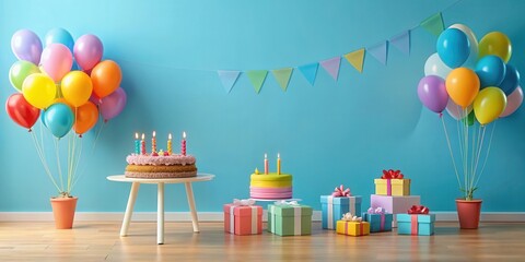 Joyful Celebration Setup with Colorful Balloons, Cakes, and Presents on a Wooden Floor Against a Light Blue Wall