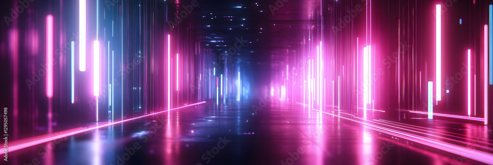 Poster abstract neon background with glowing lines and bokeh lights, data transfer concept -