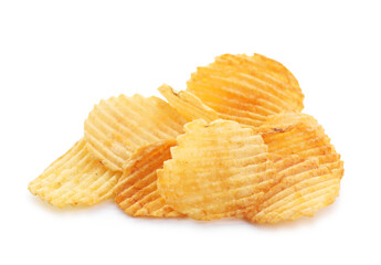 Pile of tasty ridged potato chips isolated on white