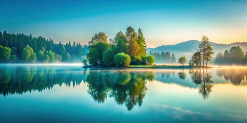 Obraz premium Serene Sunrise Over Still Water, Reflecting Lush Greenery and Misty Shores, Creating a Peaceful and Tranquil Landscape