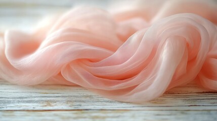 Soft peach chiffon fabric draped on distressed wood