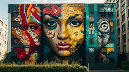 Vibrant urban mural showcasing a woman's face adorned with flowers and intricate patterns