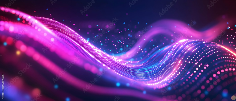 Poster abstract neon wave lines with glowing bokeh lights, high-speed data transfer concept -