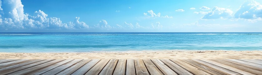 Fototapeta premium A spacious wooden deck with weathered planks overlooks the sparkling ocean and sandy beach below.