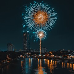Spectacular City Skyline Fireworks Display Over Tranquil River at Night with Reflections Illuminating Buildings and Festive Celebration Atmosphere for Events Photography