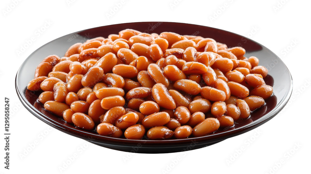 Poster a plate filled with shiny. cooked beans. showcasing their smooth texture and rich color the beans ar