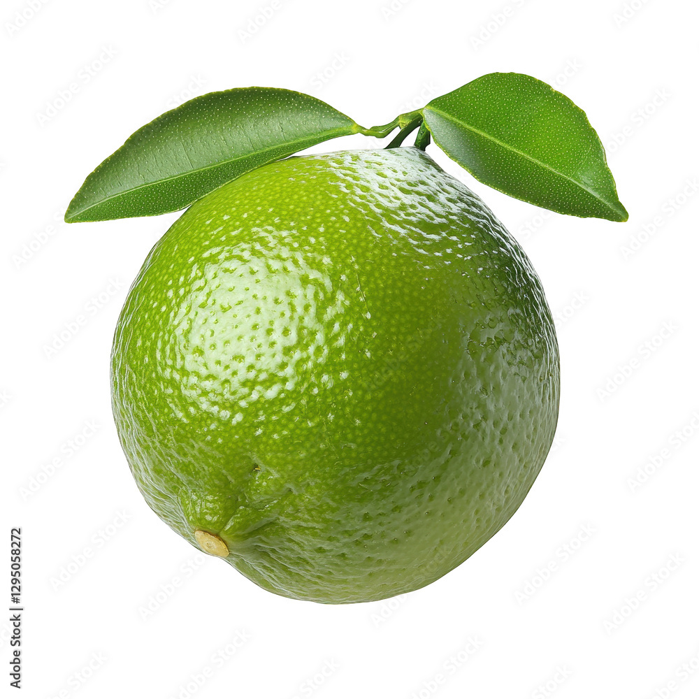 Poster fresh green lime with a smooth. textured skin and two vibrant green leaves attached to its stem the 