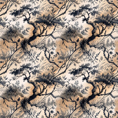 Seamless abstract pattern with branches and leaves made in the technique of charcoal sketches, creating an impression of living interaction with nature