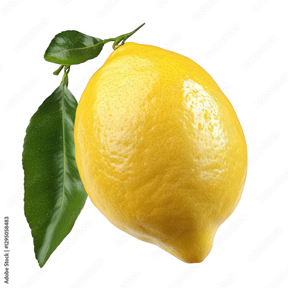 Poster fresh. vibrant yellow lemon with a green leaf attached. showcasing its natural texture and color the