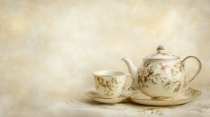 Elegant Vintage Tea Set with Floral Design on Antique Background