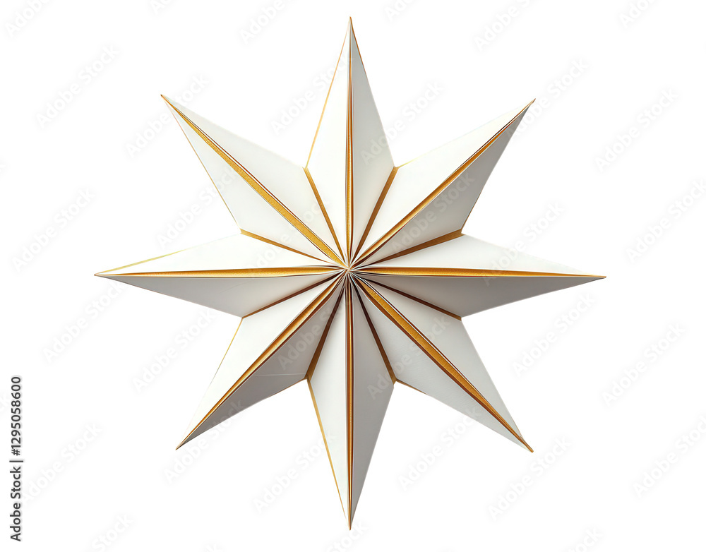 Poster three-dimensional star shape with eight points. crafted from white material and accented with gold e