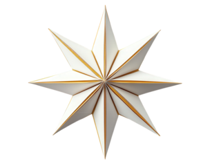 three-dimensional star shape with eight points. crafted from white material and accented with gold edges. creating a striking decorative piece it serves as an ornament. likely intended for festive occ