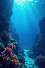 Naklejka premium Ocean depths showing blue gradient, seaweed, coral, wildlife, animal