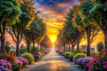 Obraz premium Serene Sunset Pathway Through a Lush Garden of Vibrant Blossoms and Towering Trees