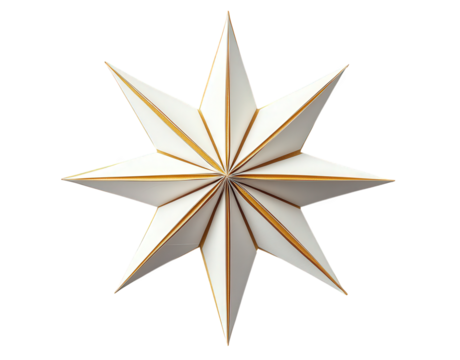 three-dimensional star shape with eight points. crafted from white material and accented with gold edges. creating a striking decorative piece it serves as an ornament. likely intended for festive occ