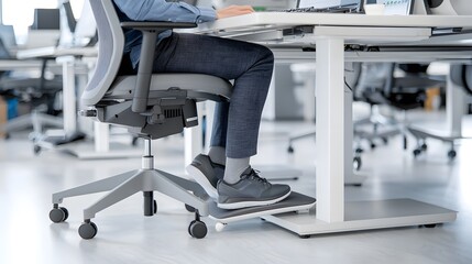 Office worker with ergonomic footrest wellness in the workplace