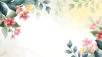 Obraz premium A serene nature-inspired background with soft, watercolor-style leaves and flowers in gentle greens and blues, creating a tranquil environment suitable for eco-friendly products or wellness ... 