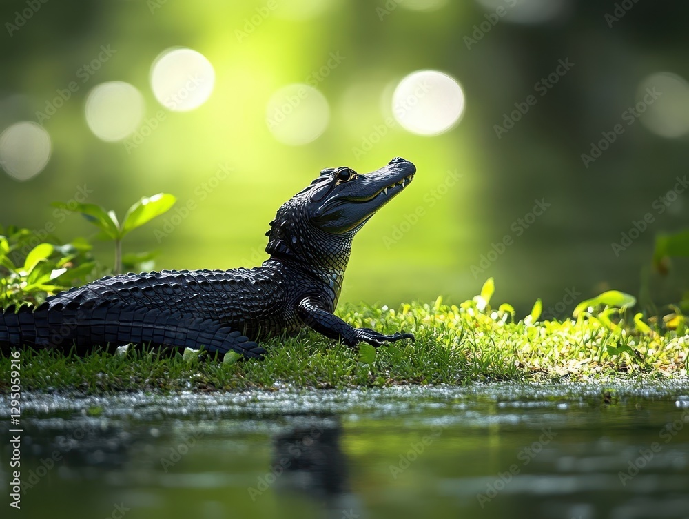 Poster a close-up of a black alligator relaxing on a green shore with beautiful soft bokeh background in a 