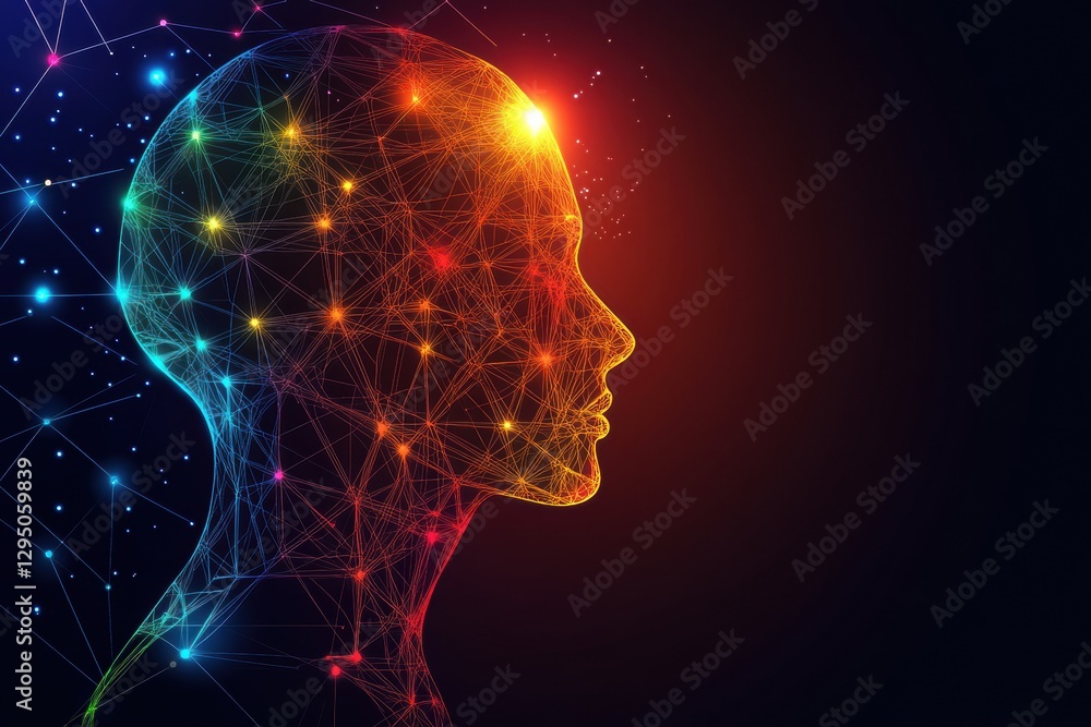 Poster human head silhouette with ai nodes and digital patterns in cosmic cyberpunk style reveals the futur
