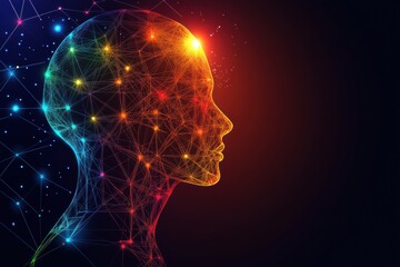 Obraz premium Human head silhouette with AI nodes and digital patterns in cosmic cyberpunk style reveals the future of technology and consciousness. Generative AI